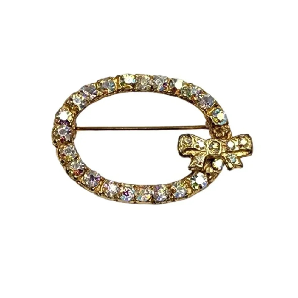 Vintage 60s-70s Rhinestone Oval Shape Bow Brooch Pin Gold Tone